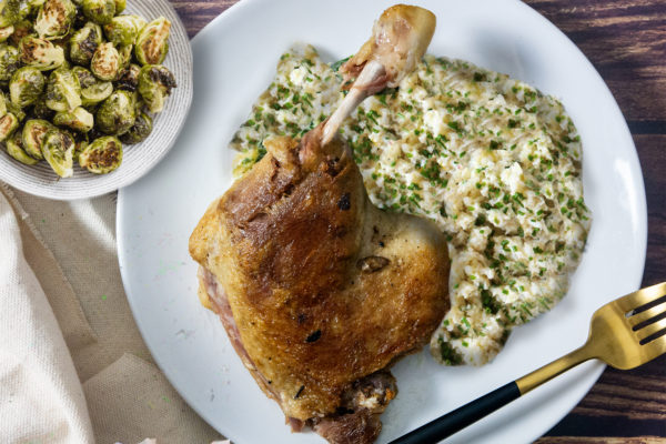 Duck Confit in Creamed Mashed Cauliflower and Brussel Sprouts
